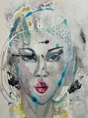 Watercolor Portrait Painting - Turquoise, Pink, Black Accents